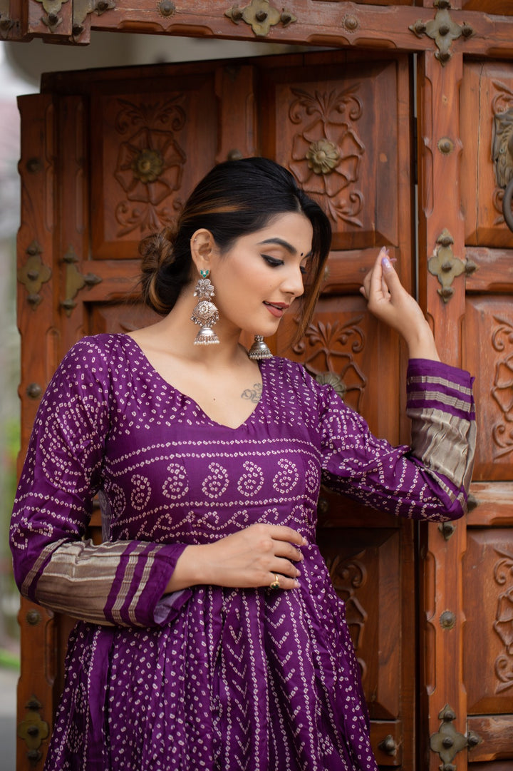 Wine Color Gaji Silk Bandhej Print Gown - INSPIRED