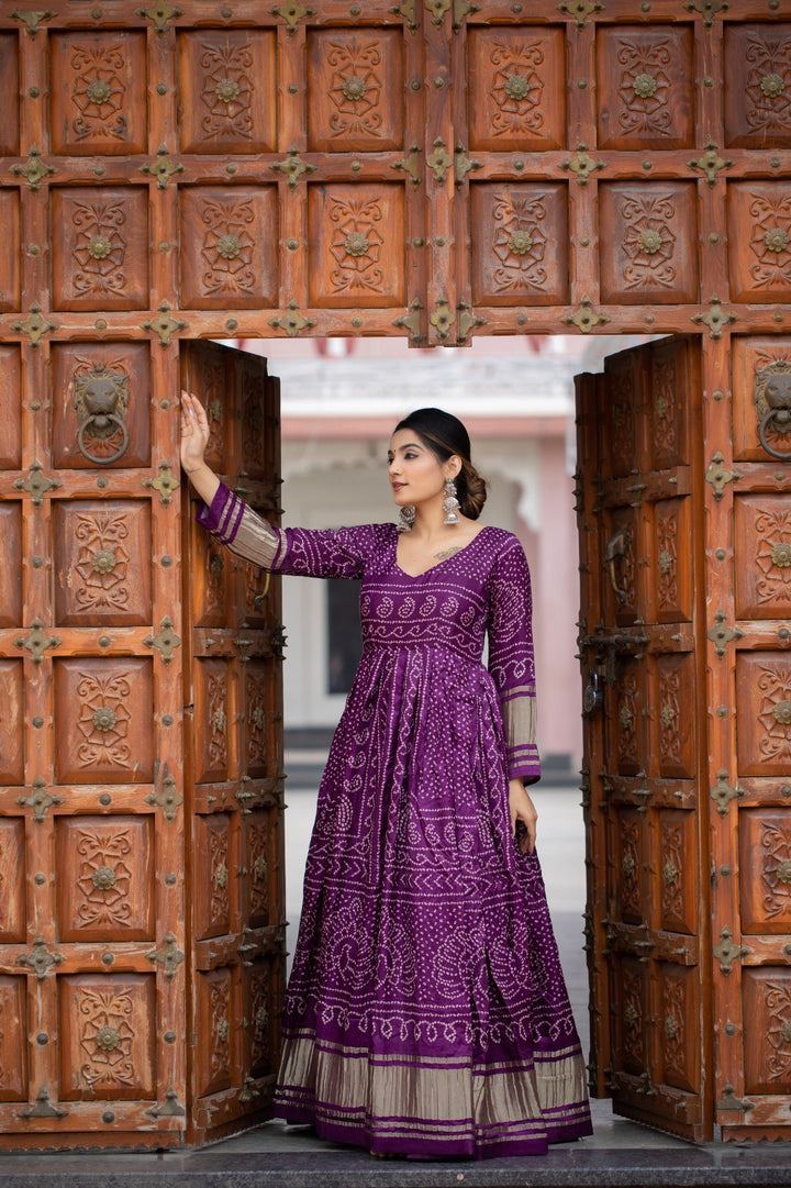 Wine Color Gaji Silk Bandhej Print Gown - INSPIRED