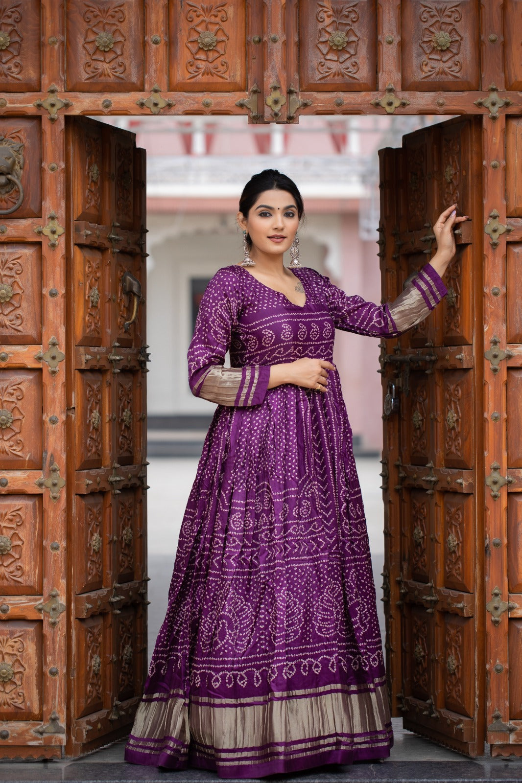 Wine Color Gaji Silk Bandhej Print Gown - INSPIRED