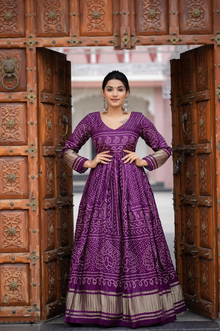 Wine Color Gaji Silk Bandhej Print Gown - INSPIRED