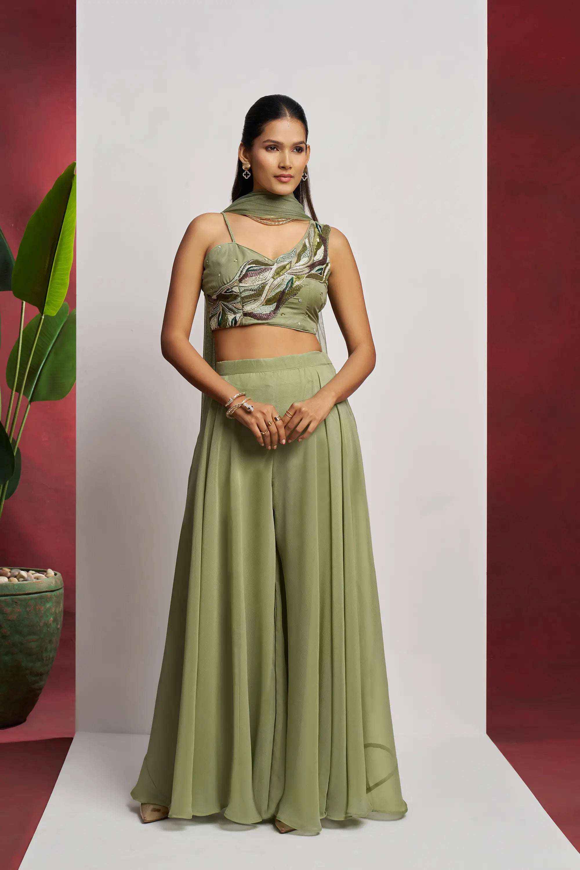 Party wear Light Olive Green Hand Work Indo Western Sharara Set With Dupatta - qivii