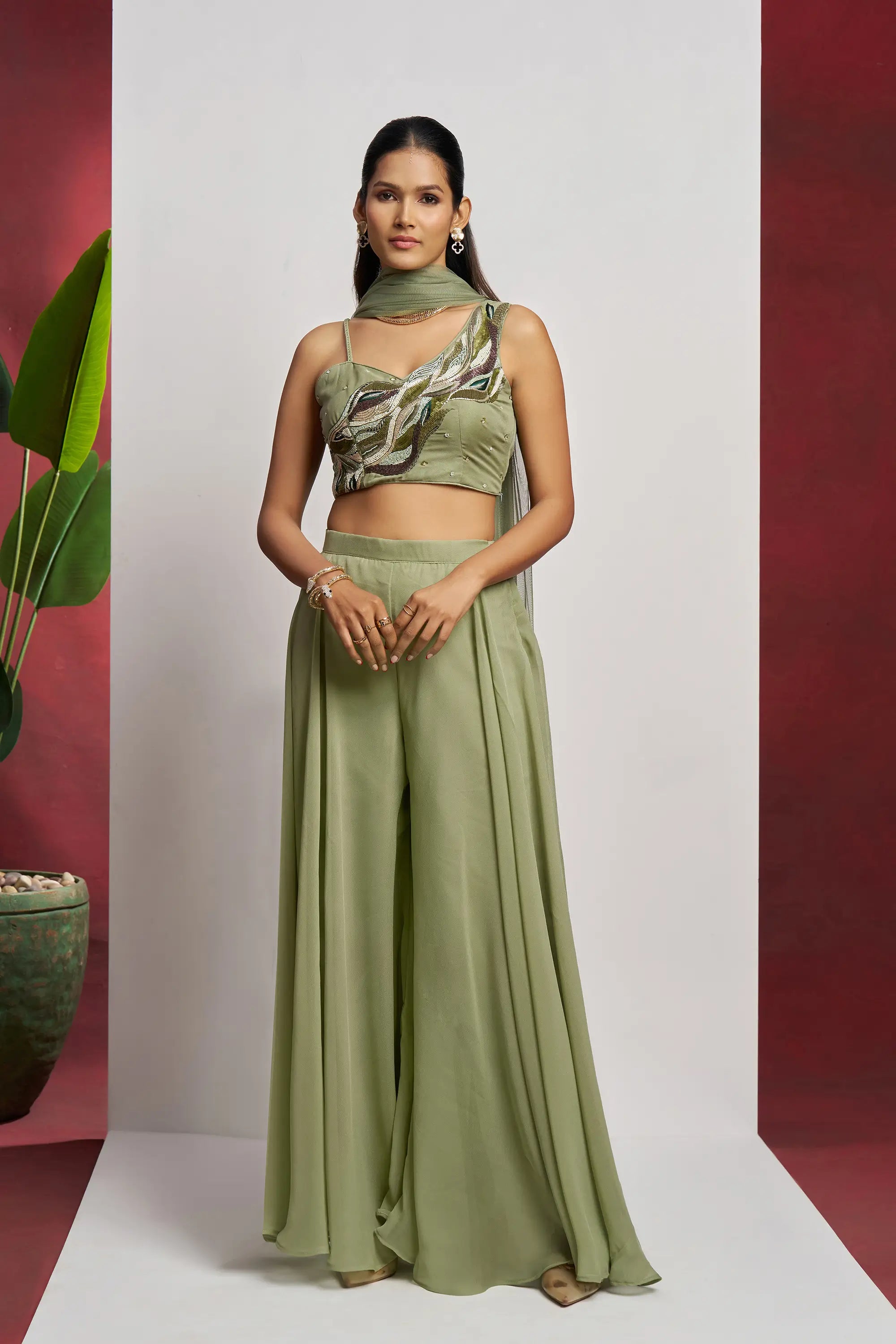 Party wear Light Olive Green Hand Work Indo Western Sharara Set With Dupatta - qivii