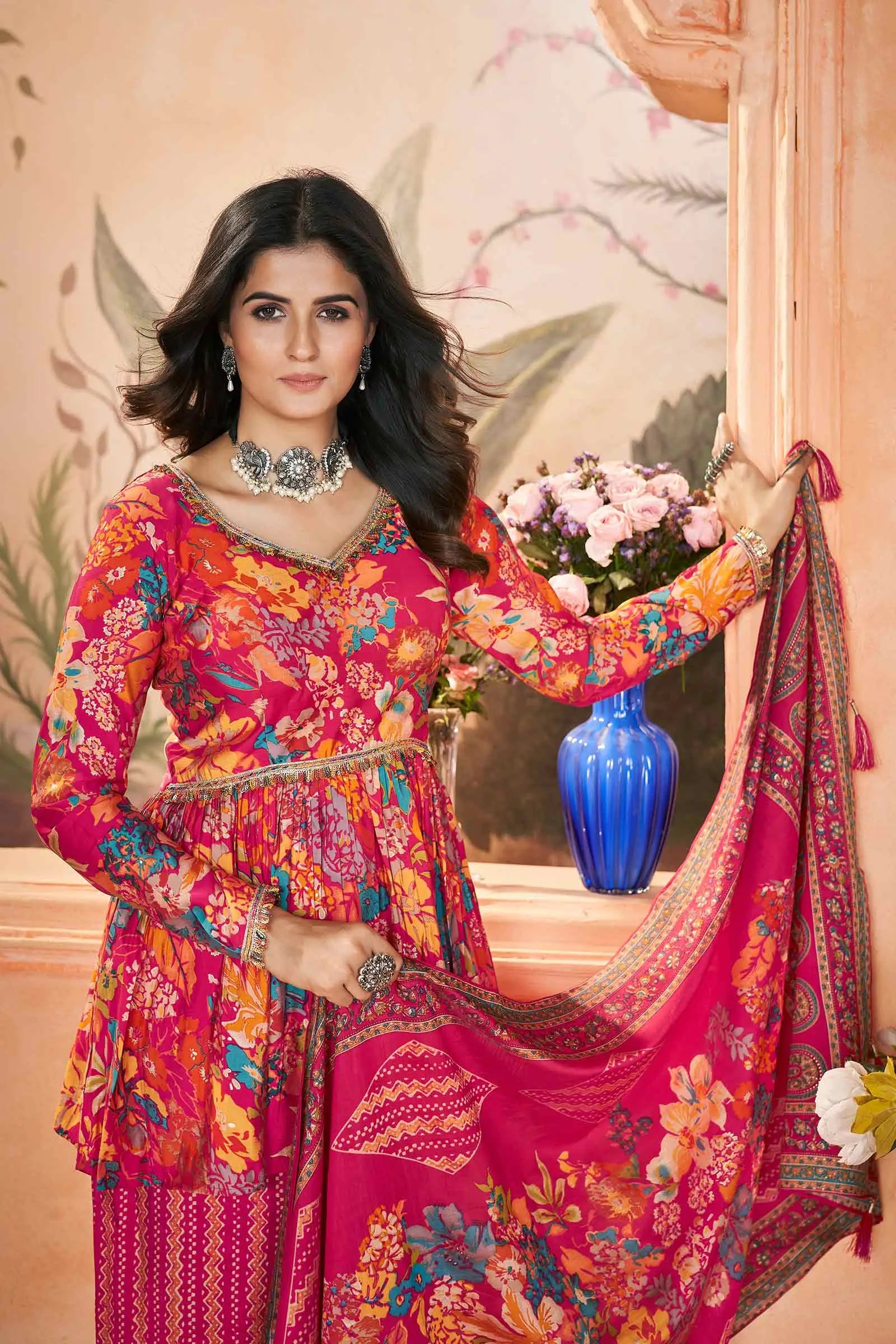 Rani Pink Digital Floral Print Silk Salwar Suit - qivii
