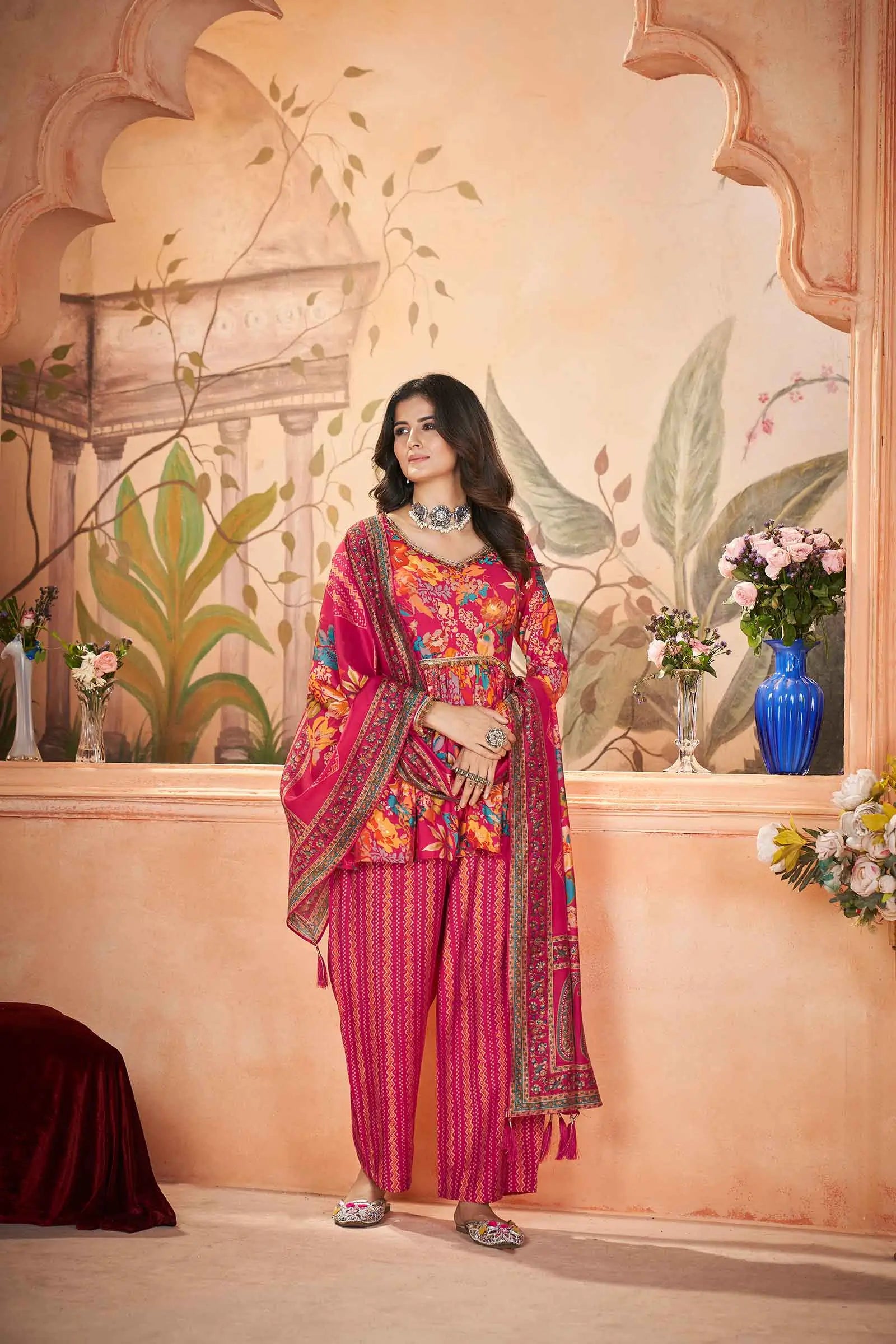 Rani Pink Digital Floral Print Silk Salwar Suit - qivii