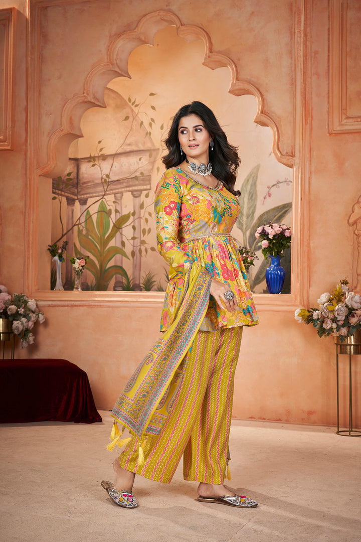 Yellow Silk Digital Print with Foil Kurta