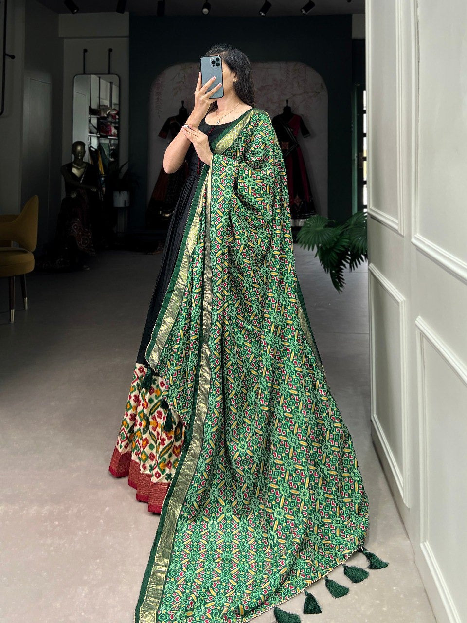 Green Dola Silk Printed With Foilwork Gown