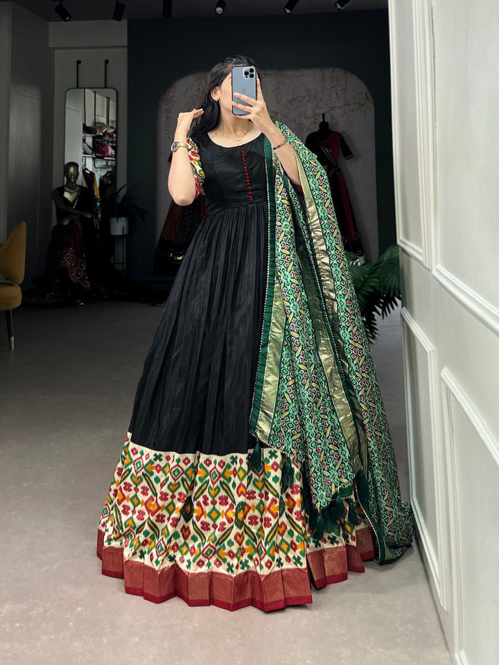 Green Dola Silk Printed With Foilwork Gown