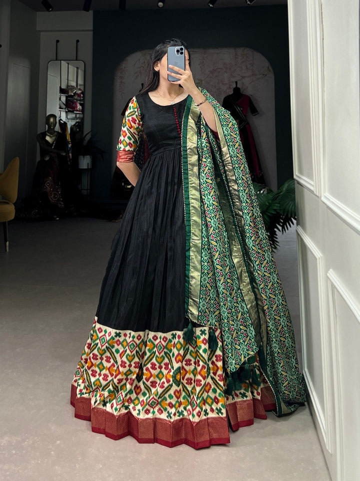 Green Dola Silk Printed With Foilwork Gown