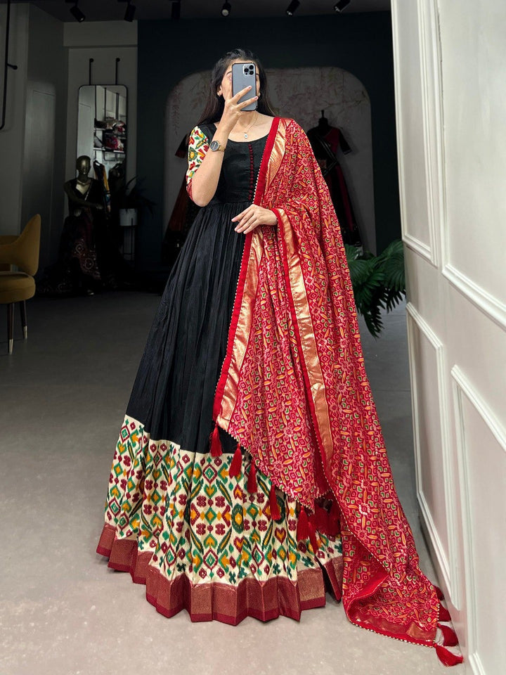 Red Dola Silk Printed With Foilwork Gown