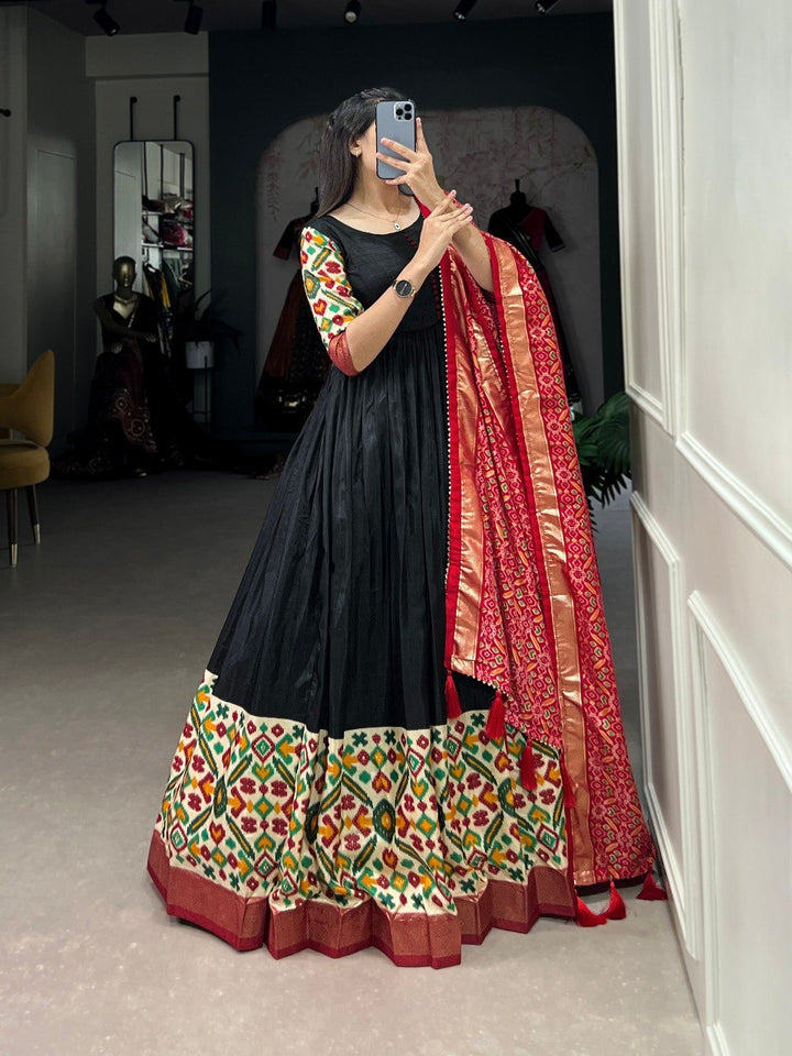 Red Dola Silk Printed With Foilwork Gown