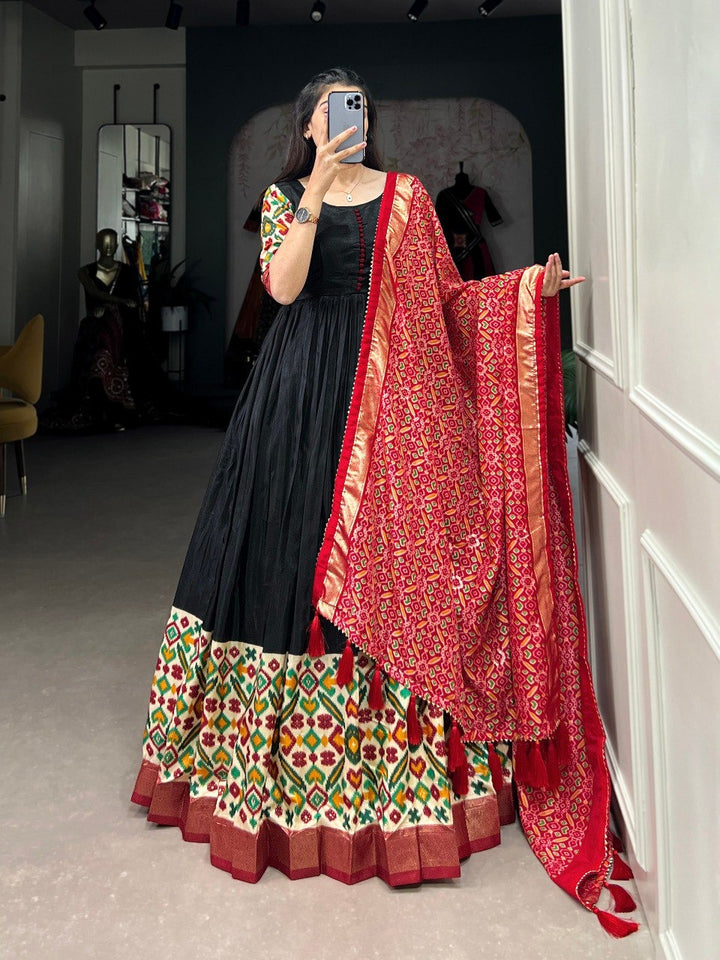 Red Dola Silk Printed With Foilwork Gown