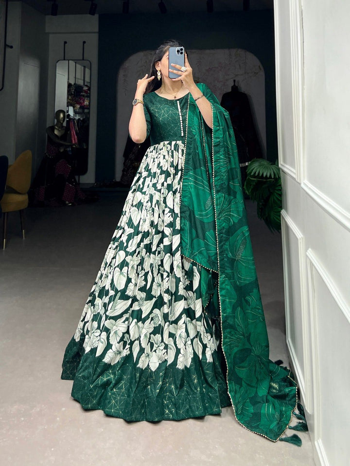 Green Tussar Silk Floral Print With Foil Print Gown