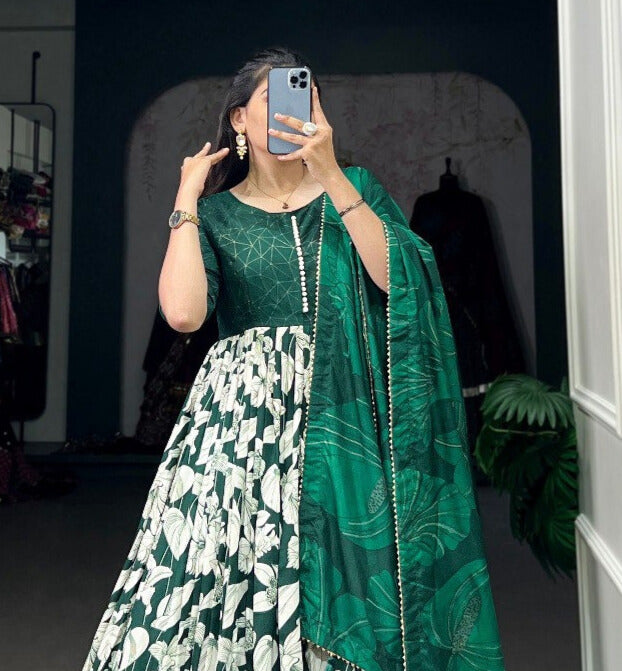 Green Tussar Silk Floral Print With Foil Print Gown