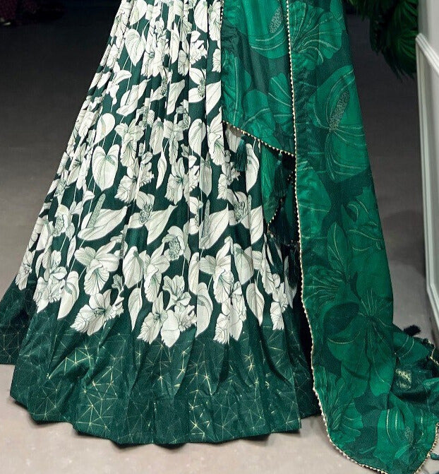 Green Tussar Silk Floral Print With Foil Print Gown