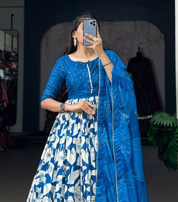 Royal Blue Tussar Silk Floral Print With Foil Print Gown