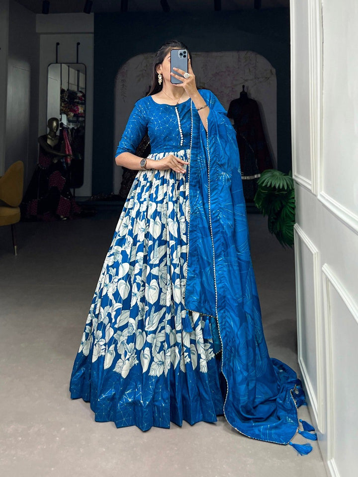 Royal Blue Tussar Silk Floral Print With Foil Print Gown