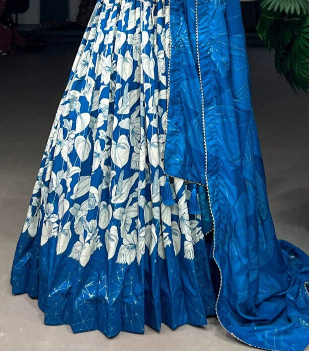 Royal Blue Tussar Silk Floral Print With Foil Print Gown