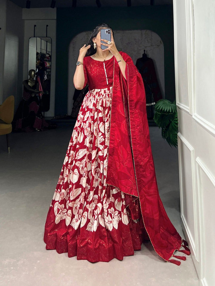 Red Tussar Silk Floral Print With Foil Print Gown