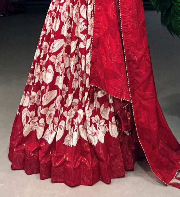 Red Tussar Silk Floral Print With Foil Print Gown