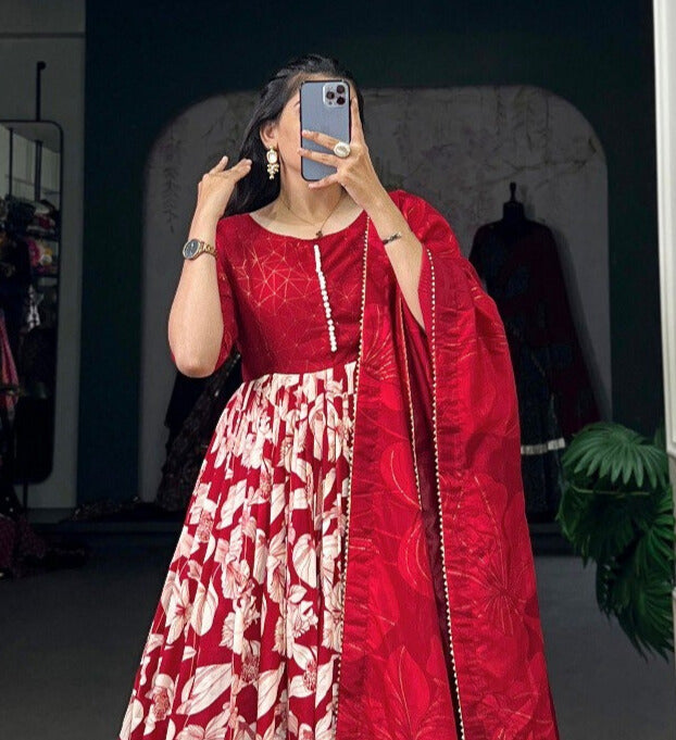 Red Tussar Silk Floral Print With Foil Print Gown