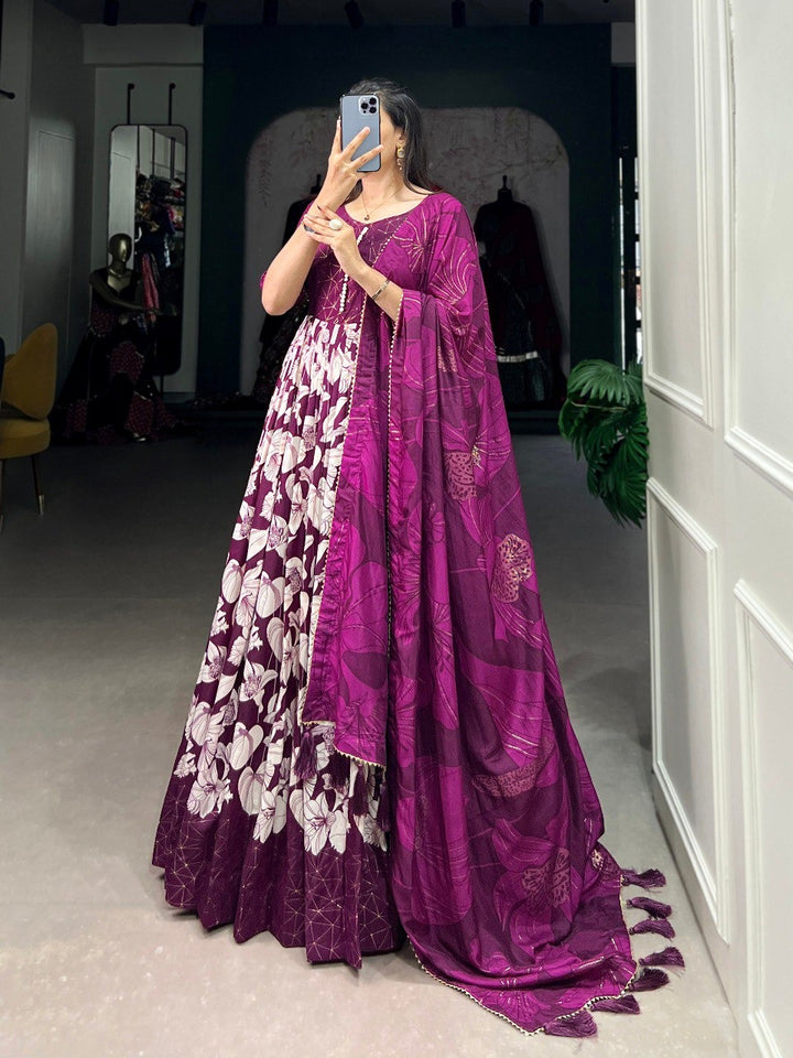 Wine Tussar Silk Floral Print With Foil Print Gown