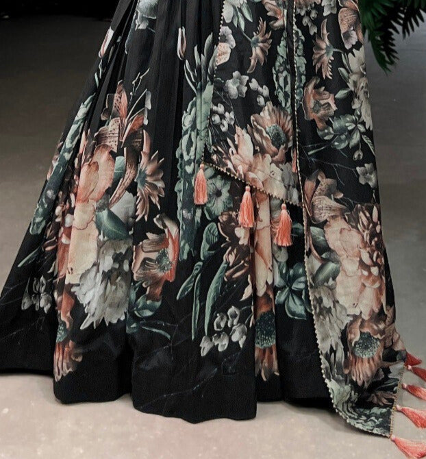 Black Tussar Silk Floral Print With Lace Touch Up Gown