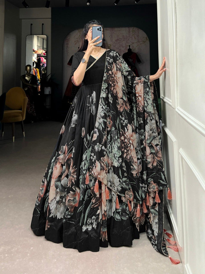 Black Tussar Silk Floral Print With Lace Touch Up Gown