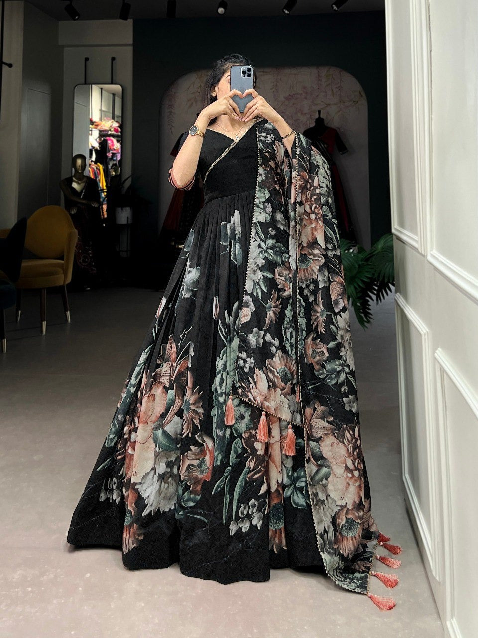 Black Tussar Silk Floral Print With Lace Touch Up Gown