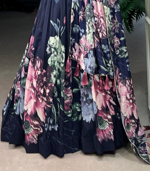 Navyblue Tussar Silk Floral Print With Lace Touch Up Gown