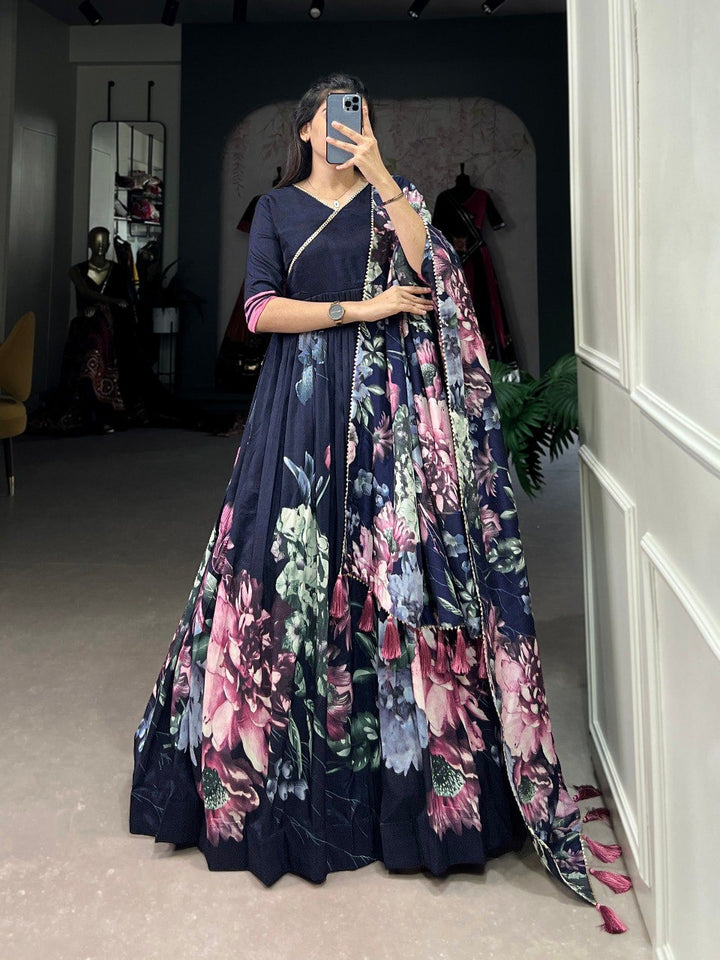 Navyblue Tussar Silk Floral Print With Lace Touch Up Gown