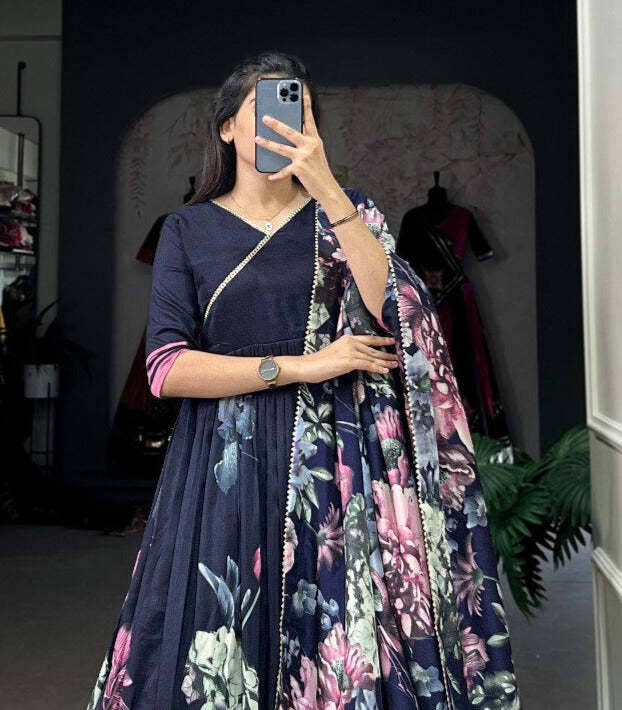 Navyblue Tussar Silk Floral Print With Lace Touch Up Gown