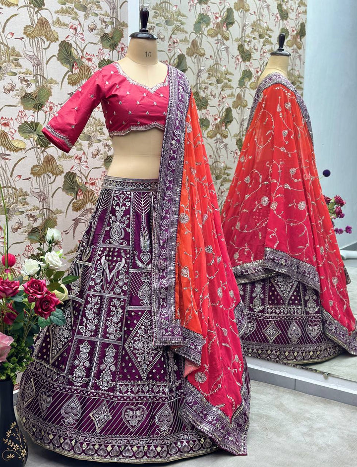 A stunning purple color lehnga made of Jalpari silk with intricate embroidery and sequence design work