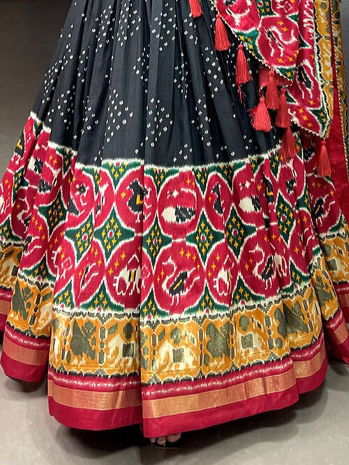 Tussar Silk Patola Print With foil work Lehenga Choli In Black Color