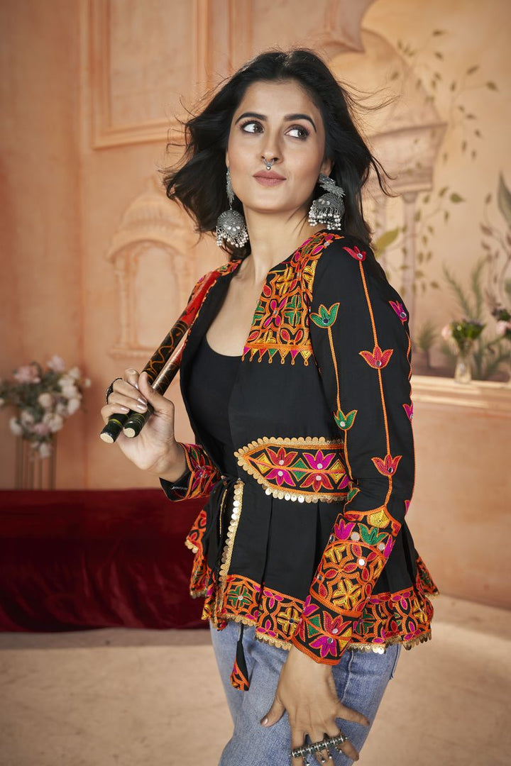 BLACK COLOR ROMAL SILK EMBROIDERED WORK TOP