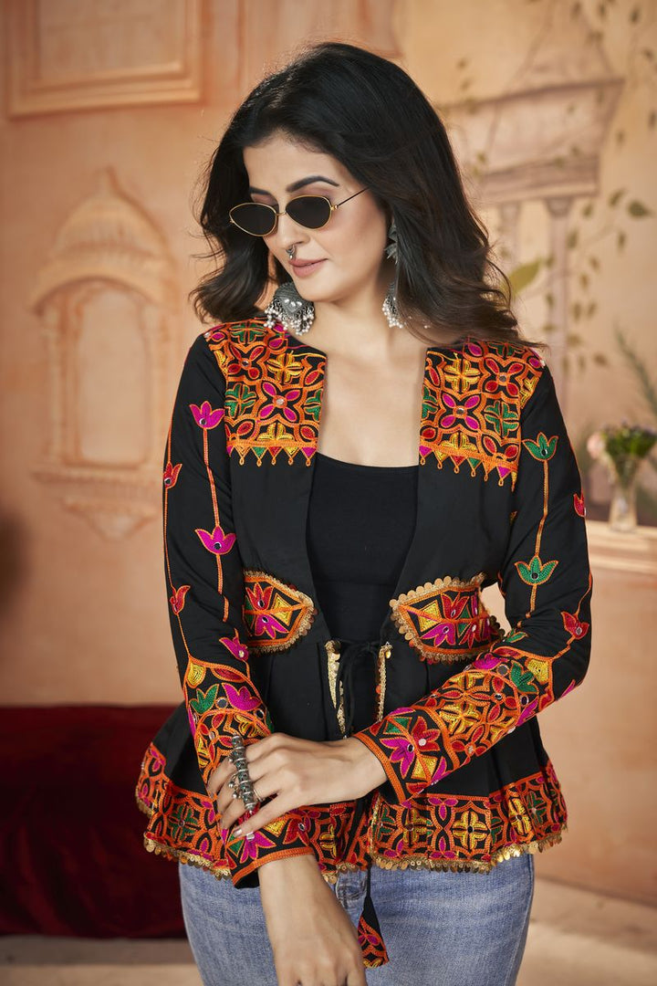 BLACK COLOR ROMAL SILK EMBROIDERED WORK TOP