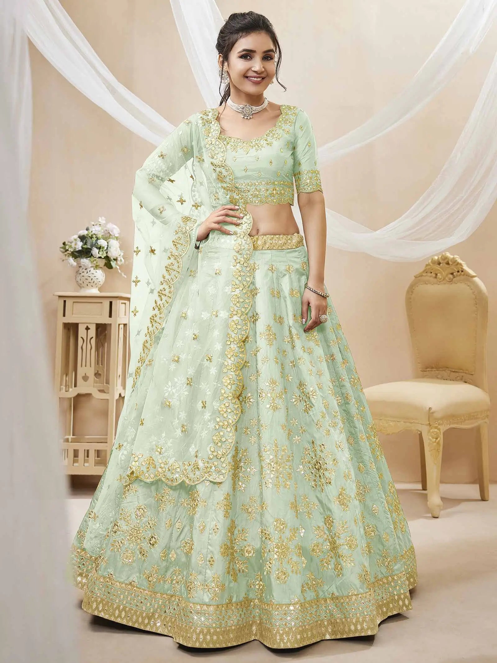 Pista Art Silk lehenga With Sequins Zari Embroidered Work With Net Dupatta | Ready To Wear - qivii