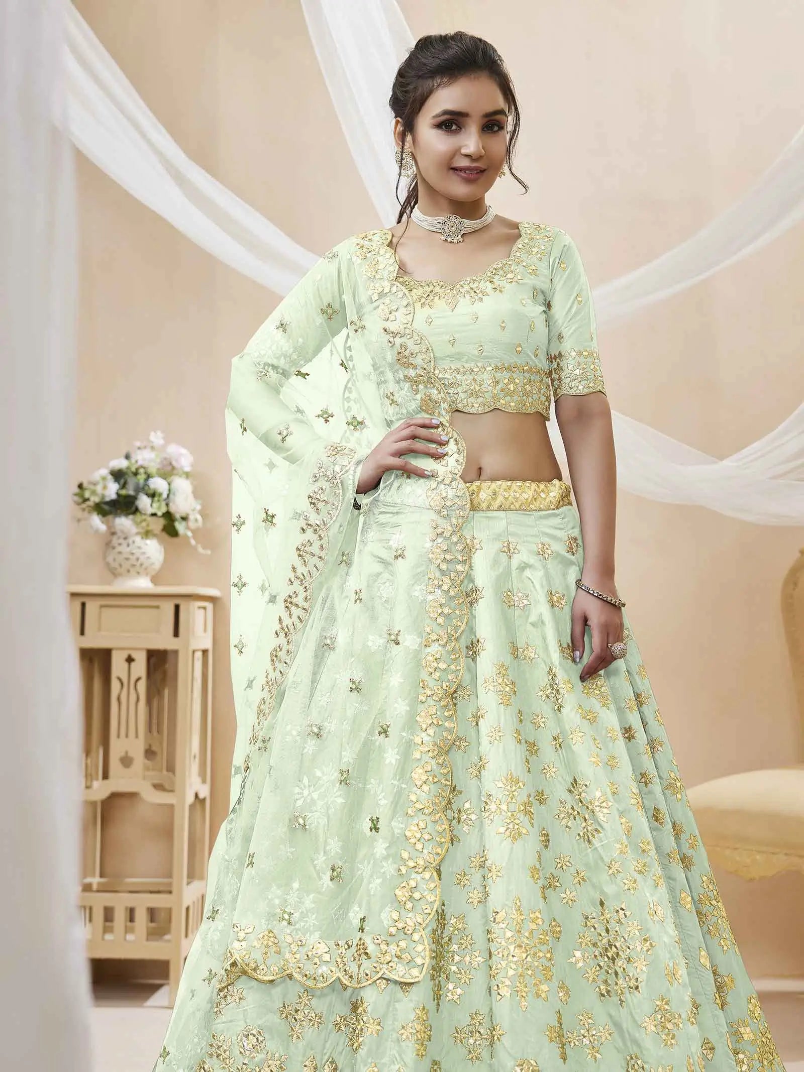 Pista Art Silk lehenga With Sequins Zari Embroidered Work With Net Dupatta | Ready To Wear - qivii