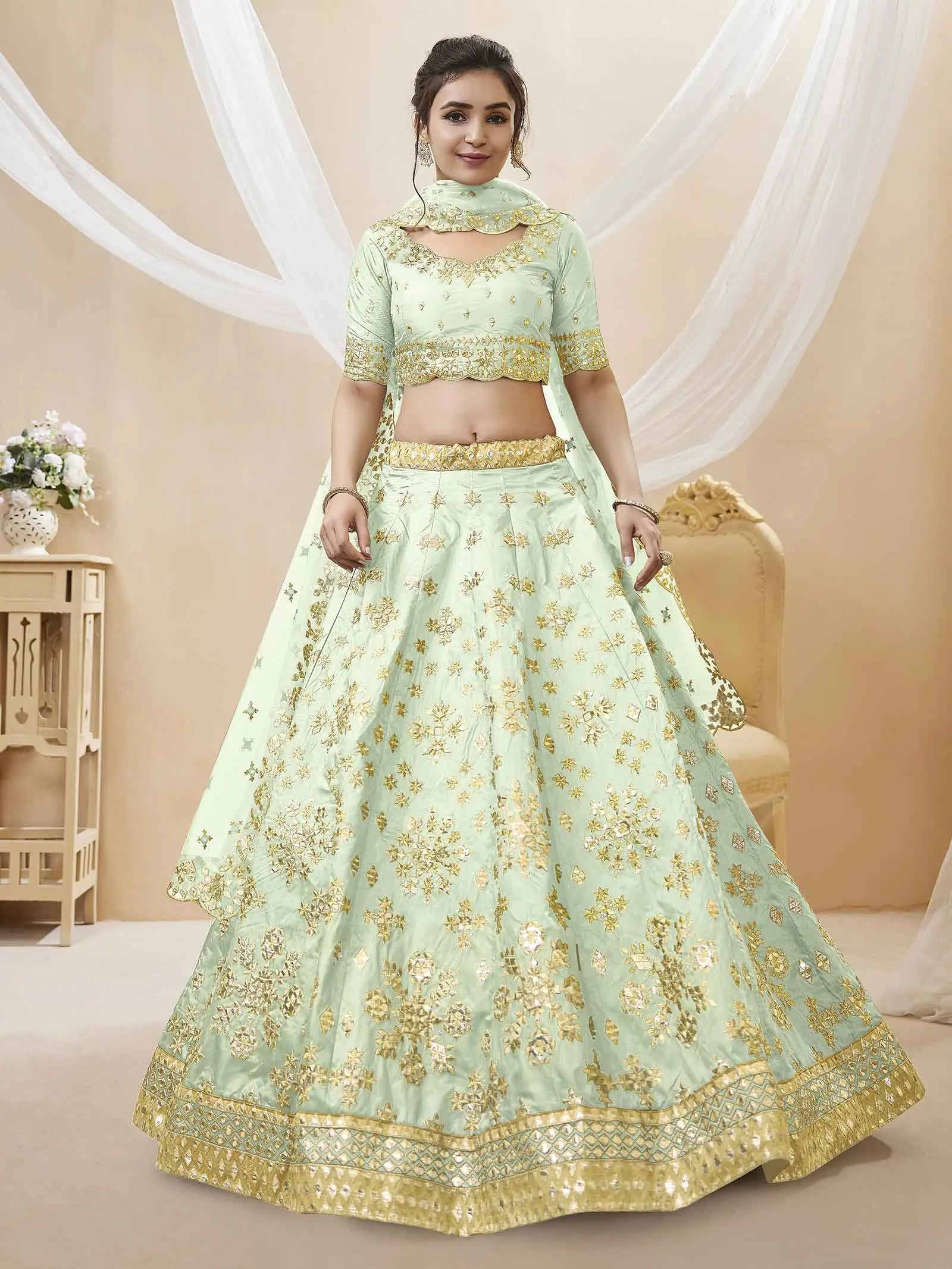 Pista Art Silk lehenga With Sequins Zari Embroidered Work With Net Dupatta | Ready To Wear - qivii