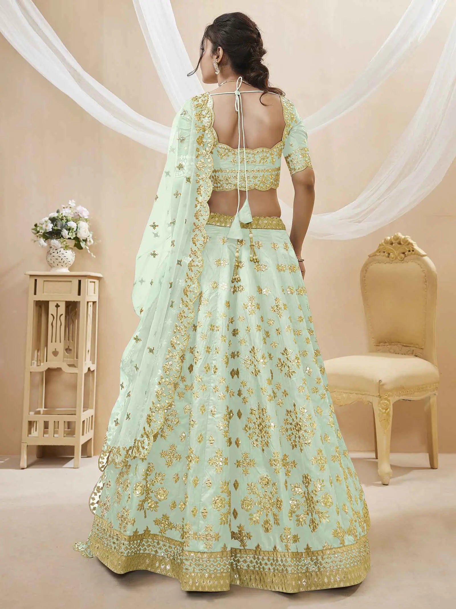 Pista Art Silk lehenga With Sequins Zari Embroidered Work With Net Dupatta | Ready To Wear - qivii