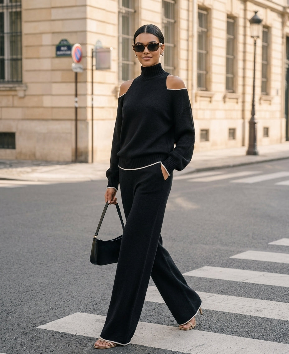 Women's Casual 2-Piece Set Black Long-sleeved Knit Top And Trousers MDZ3065G8LXY