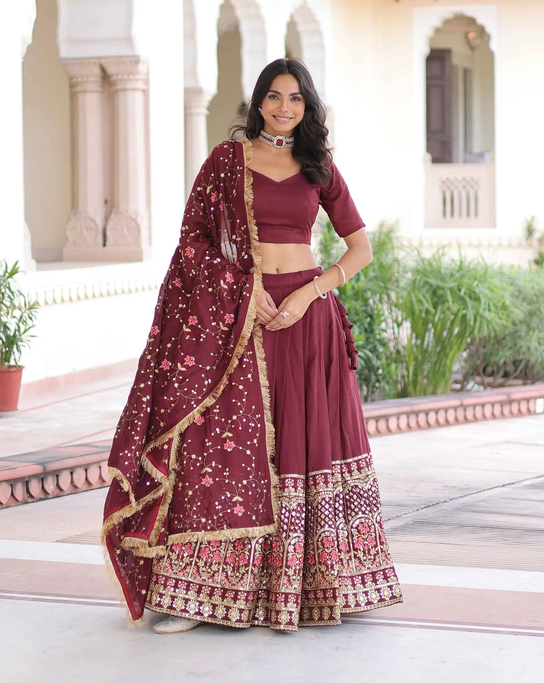 Maroon Lehenga Choli With Multi Embroidery Work
