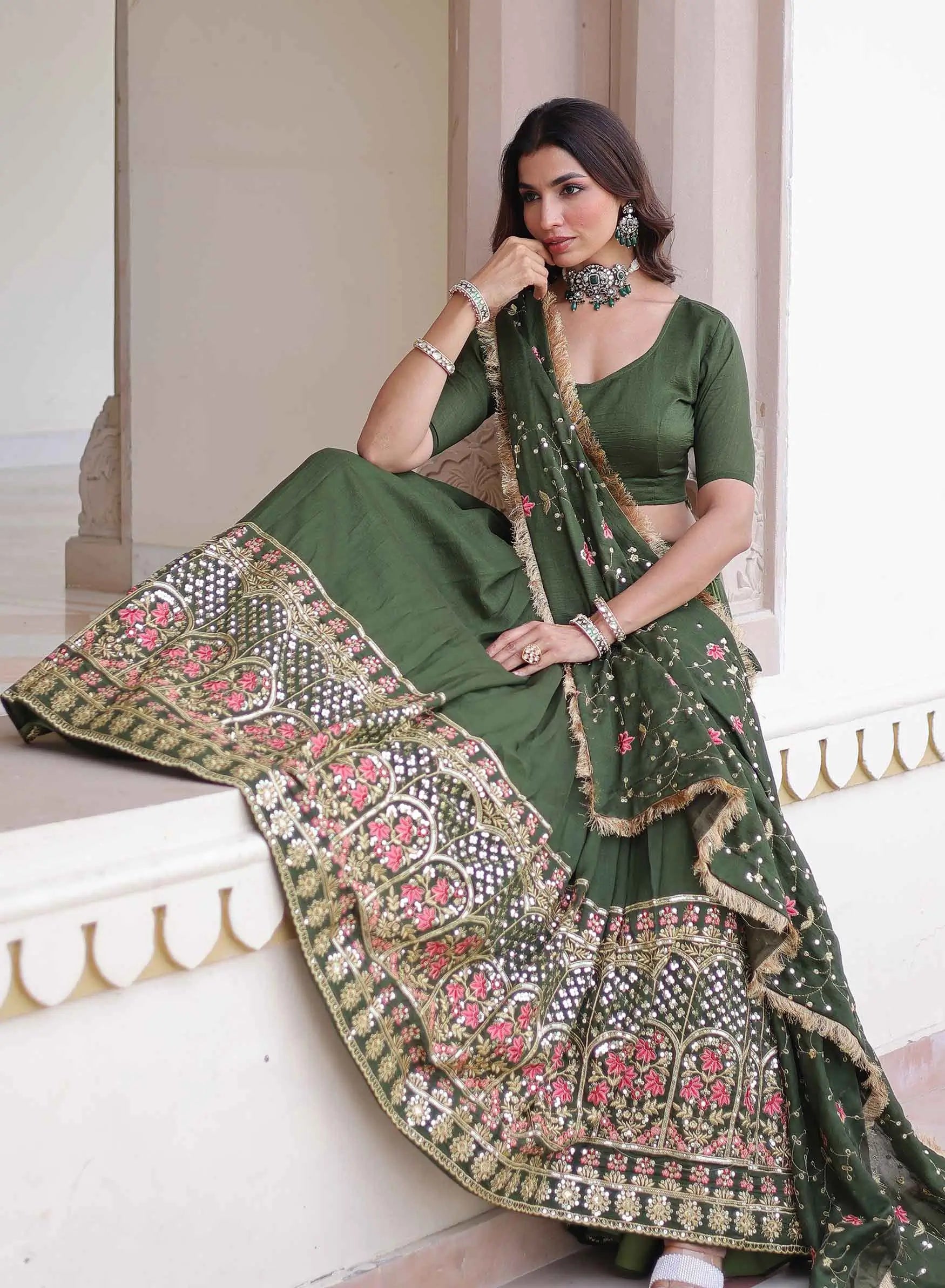 Dark Green Lehenga Choli With Multi Embroidery Work