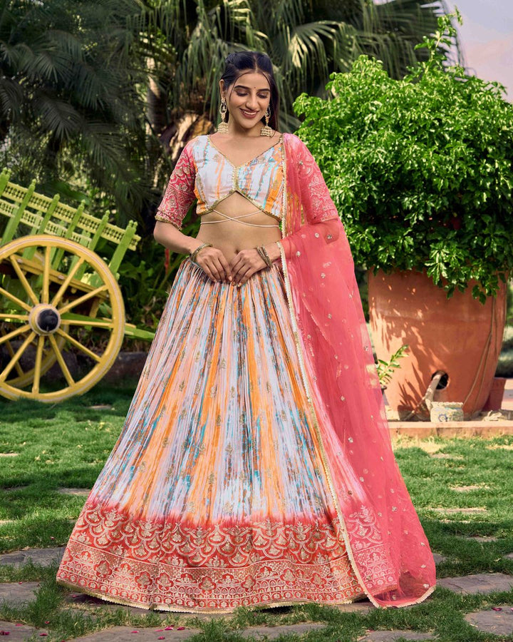 PINK SEQUINS ZARI EMBROIDERY WORD WITH DIGITAL PRINT LEHENGA CHOLI