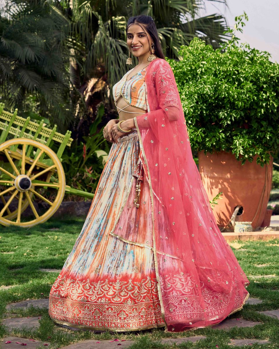 PINK SEQUINS ZARI EMBROIDERY WORD WITH DIGITAL PRINT LEHENGA CHOLI