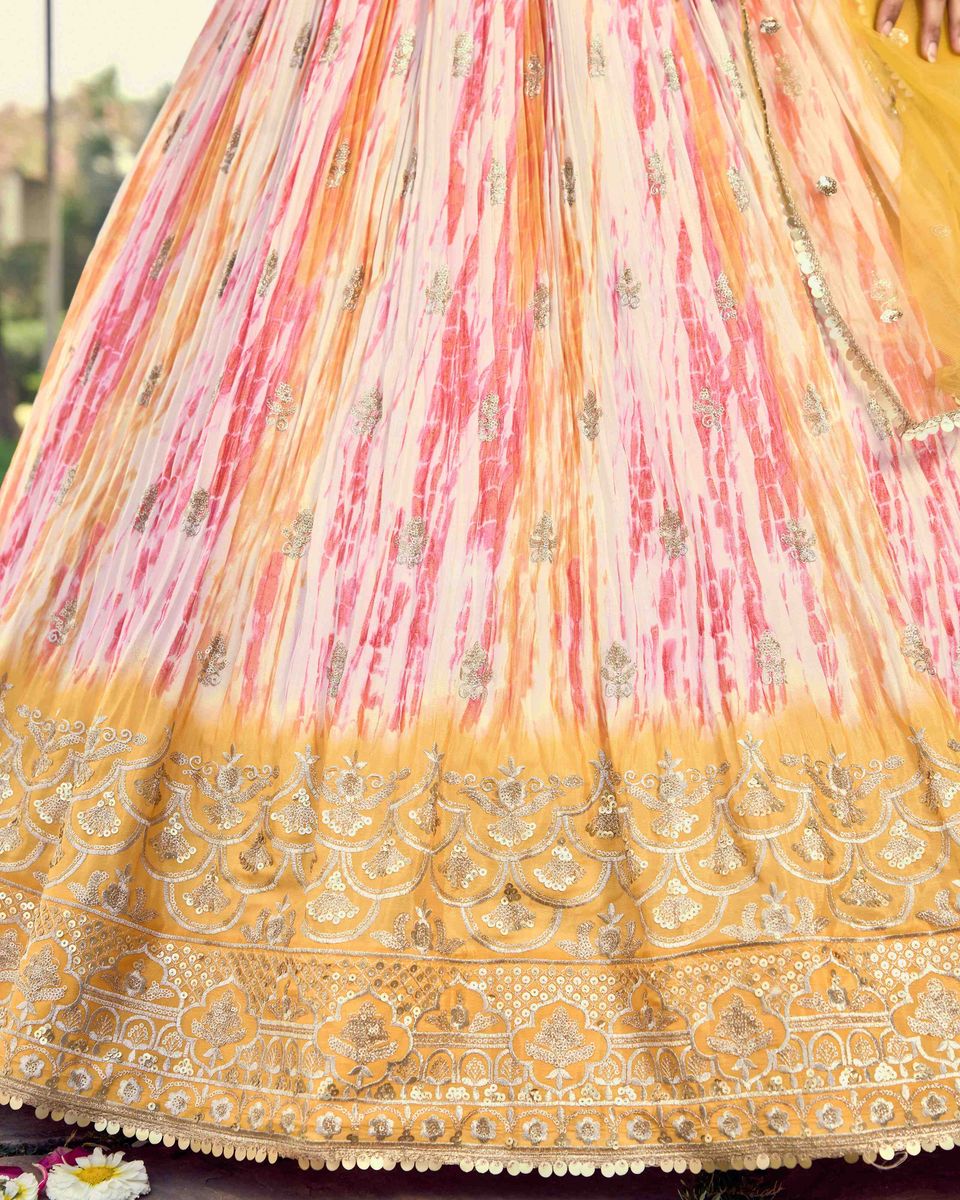 YELLOW SEQUINS ZARI EMBROIDERY WORD WITH DIGITAL PRINT LEHENGA CHOLI