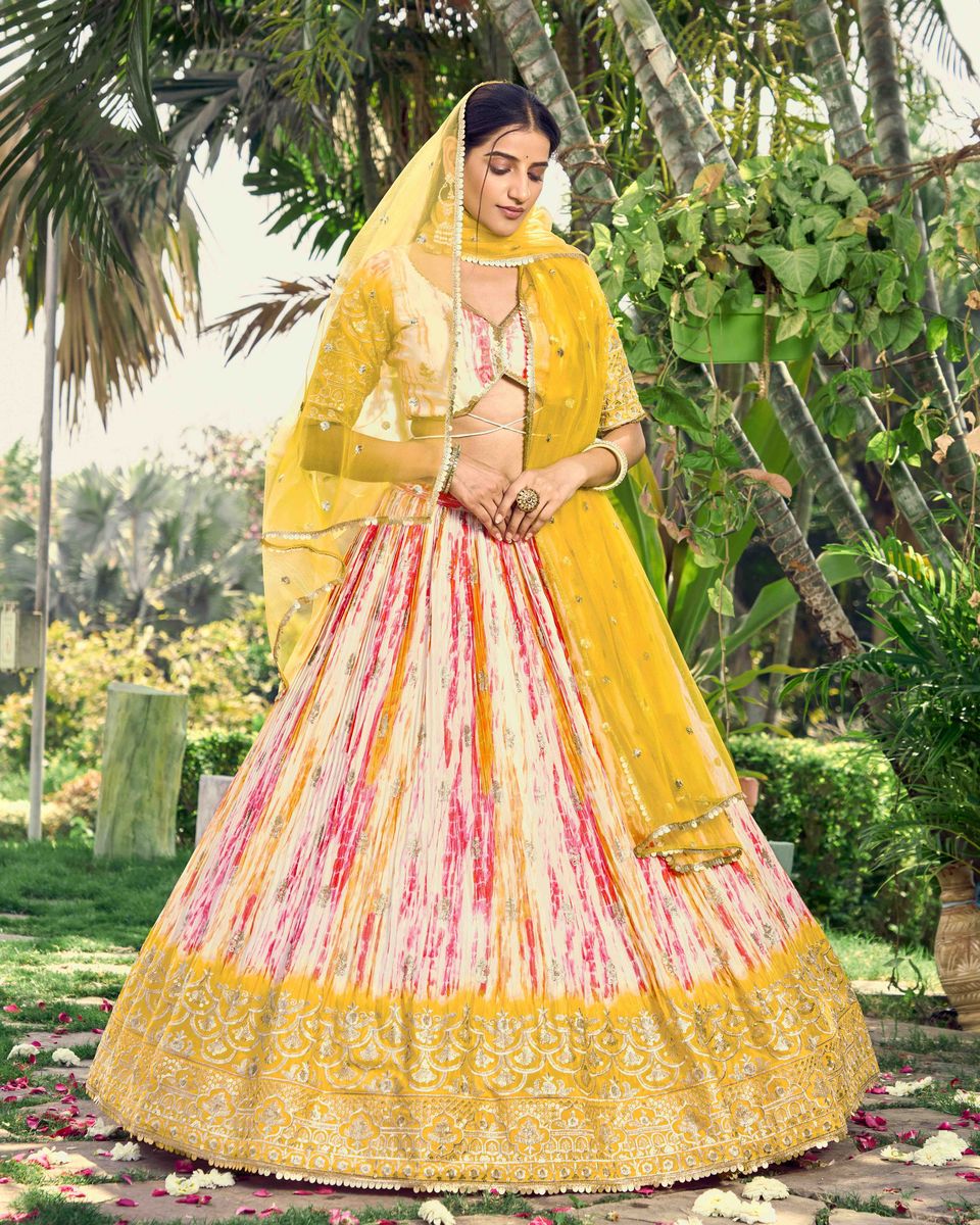 YELLOW SEQUINS ZARI EMBROIDERY WORD WITH DIGITAL PRINT LEHENGA CHOLI