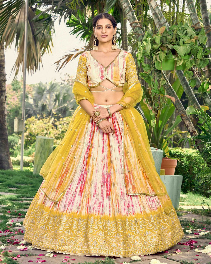 YELLOW SEQUINS ZARI EMBROIDERY WORD WITH DIGITAL PRINT LEHENGA CHOLI