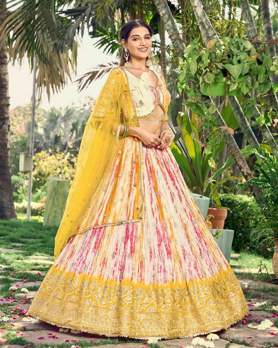 YELLOW SEQUINS ZARI EMBROIDERY WORD WITH DIGITAL PRINT LEHENGA CHOLI