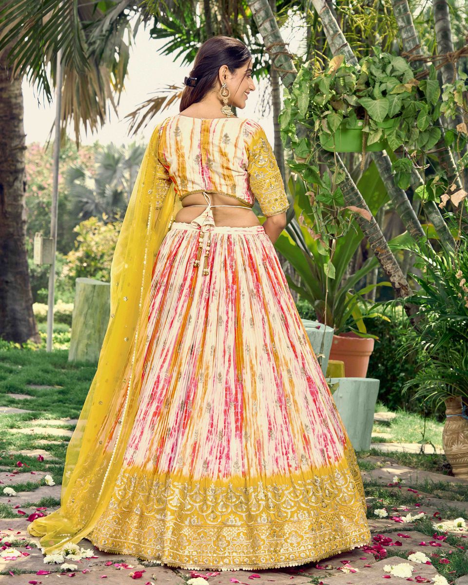 YELLOW SEQUINS ZARI EMBROIDERY WORD WITH DIGITAL PRINT LEHENGA CHOLI