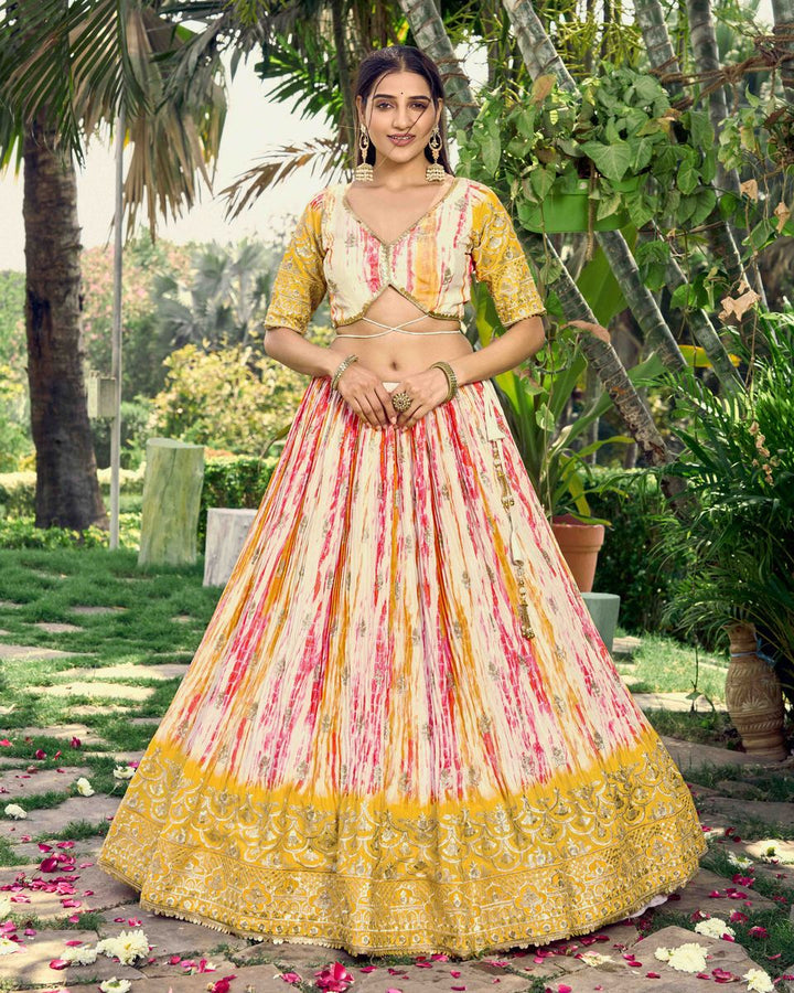 YELLOW SEQUINS ZARI EMBROIDERY WORD WITH DIGITAL PRINT LEHENGA CHOLI